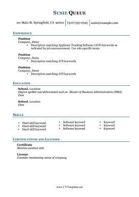 ATS Keywords Skills Table CV A4