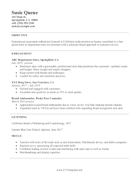 Beauty Consultant CV Letter