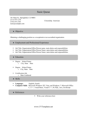 Receptionist CV Template