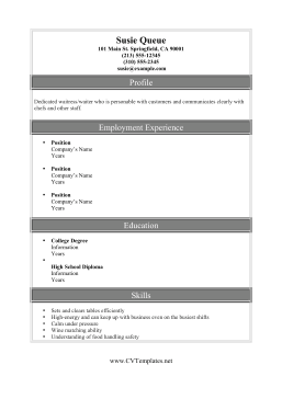 Waiter Waitress CV Template (A4)